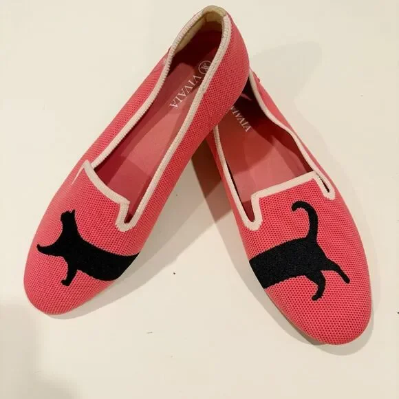 Vivaia Round-Toe Embroidered Loafers Pink Black Cat Size 38 US 7 - 7.5 - Picture 6 of 13